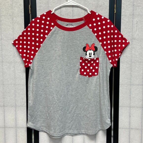 Disney Tops - Disney Minnie Mouse Short Sleeve Pocket Raglan Tee Top Grey Red White Dot XL